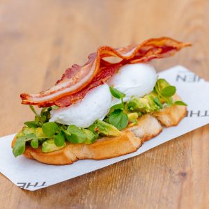 Bacon, avocado and egg open sandwich