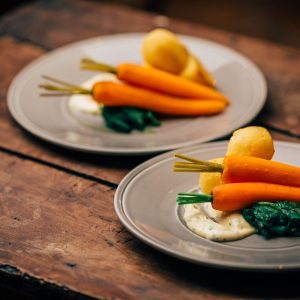Baby carrots, minted hollandaise, spinach and roast potatoes