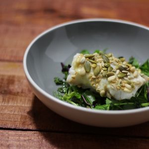 Seeded cod, sweet pea salad